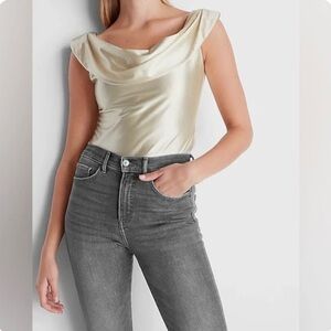 Satin Off The Shoulder Thong Bodysuit in cream color